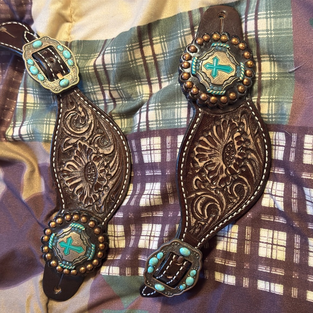 Western Leather Spur Straps with Turquoise Accents